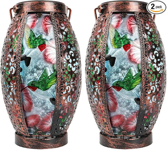 2PCS Hummingbird Solar Lanterns Glass & Metal Hanging Light Outdoor Waterproof 16" H Tabletop Lamp with Hollowed-Out Design with Shepherd's Hooks for Garden Patio Table Decor