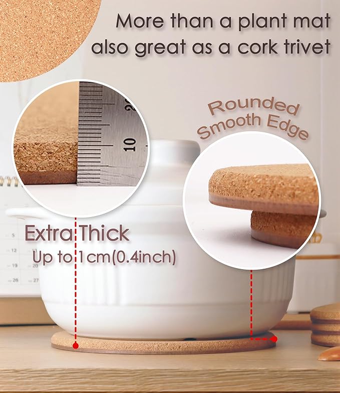 Cork Plant Coasters, Layers Hard Thick Cork Planter Coaster, 10 Inch Absorbent Cork Plant Mats, Cork Trivets for Hot Dishes, Cork Plant Coasters for House Plants, 3 Pcs