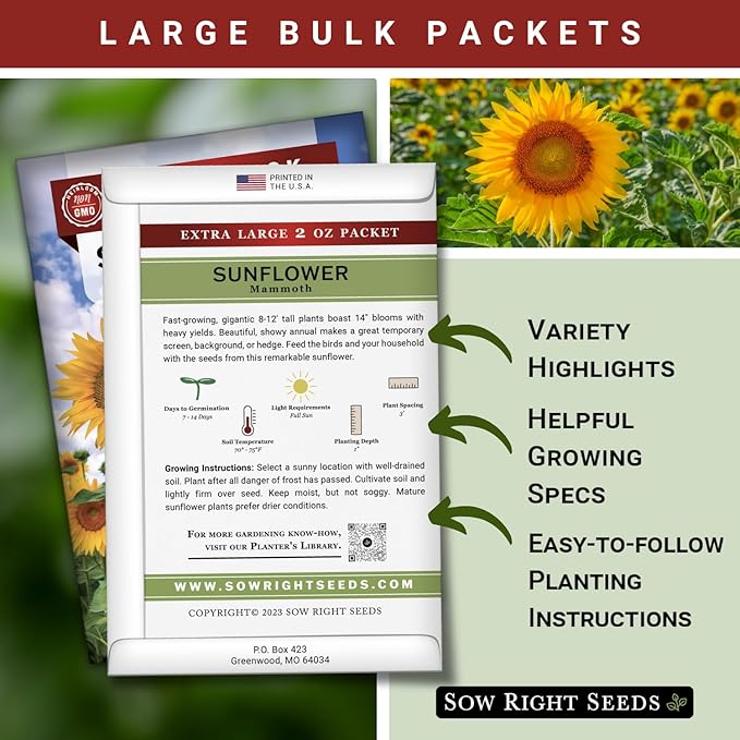 Sow Right Seeds - Mammoth Sunflower Seeds to Plant - 740 Seeds 2 Ounces - Grow Giant Sunflowers - Non-GMO Heirloom Bulk Jumbo Pack for Planting an Outdoor Garden - Abundant Harvest for Pollinators