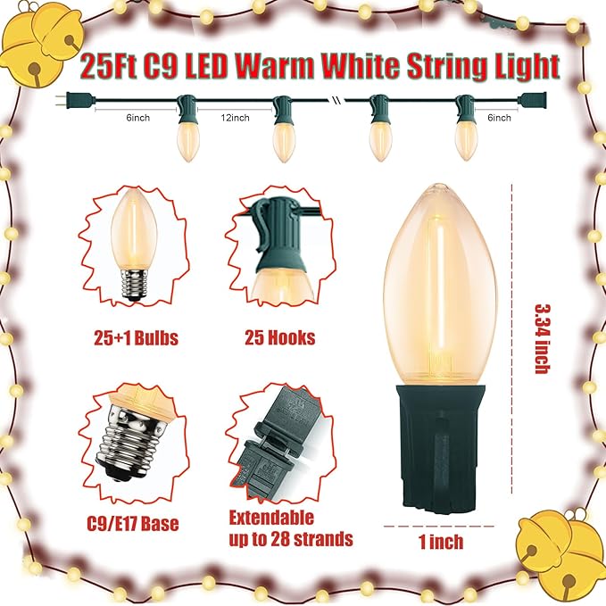 C9 LED Christmas Lights Outdoor, 25 Feet C9 Warm White String Lights Outdoor with 26 LED Clear Bulbs for Indoor Christmas Tree Roofline Holiday Party Garden Patio Backyard Cafe Decoration