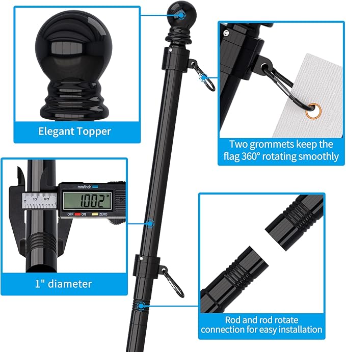 ZMTECH 2 Pcs 6 FT Flag Pole with Solar Light - Adjustable Bracket, Stainless Steel Flag Poles for Outside House, Tangle Free Flag Pole Holder Kit for American Flag (Without Flag, Black)