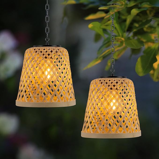 pearlstar Solar Hanging Lanterns Outdoor Gazebo Lights Rattan Woven Chandelier Solar Lamp Waterproof Outside for Porch Garden Patio Yard Farmhouse Decoration, 2Pack
