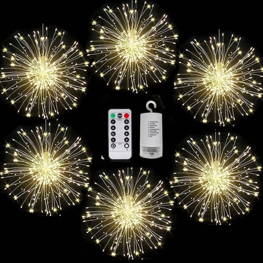 FOOING 6 Pack Firework Lights Led Copper Wire String Lights 8 Modes Battery Operated Fairy Lights with Remote,Wedding Decorative Hanging Lights for Party Patio (Warm White)