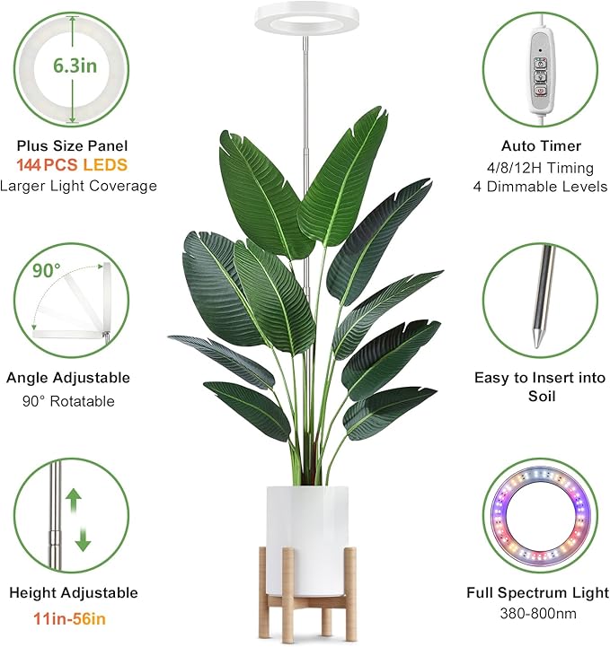 LBW Grow Lights for Indoor Plants, 144 LEDs Full Spectrum Plant Light, Large Plant Lamp with 4 Dimmable Levels, 4/8/12H Auto On/Off Timer, Height Adjustable, Halo Growing Lamp for Tall Plants, 2 Pack