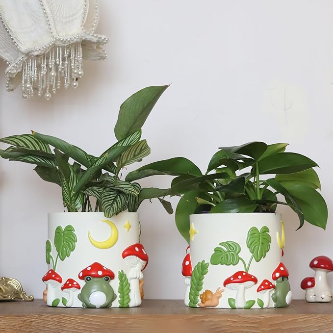 GUGUGO Colorful Frog Garden Planters Cute Unique Rainbow Planter with Drainage, Vintage Retro Mushroom Flower Plant pots for Indoor Plants, Eclectic Succulent Gardening Pot for Home Décor (A, 5Inch)