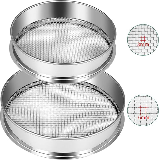 2 Pcs Garden Soil Sifter, Stainless Steel Mesh Screen Dirt Sifter, Sifting Pan-Sieve for Sand Rocks Dirt Compost, 1/4" and 1/8" Mesh