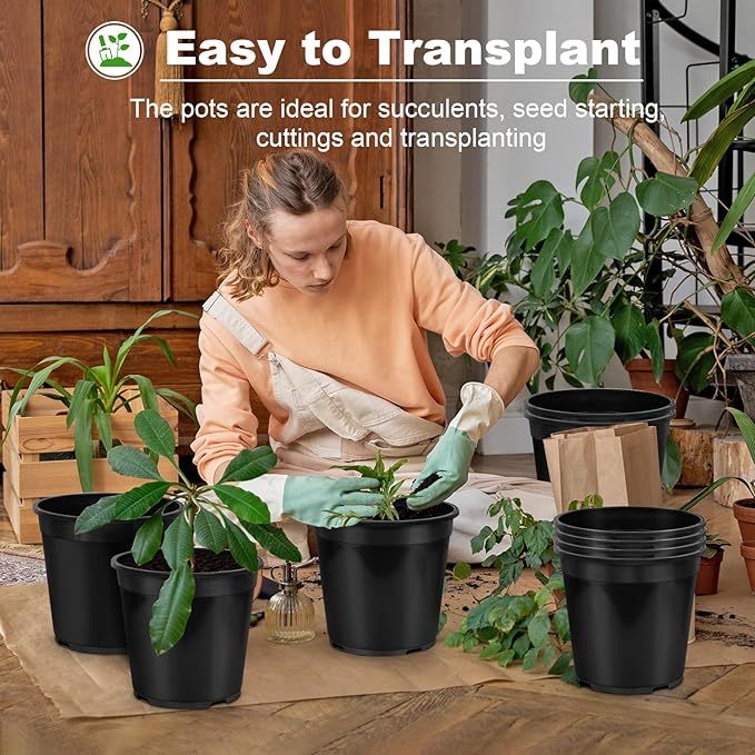 1/2/3/5/7 Gallon Pots for Plants, 7 Gallon Plastic Nursery Pot with Drainage Holes, Sturdy Plastic Plant Pots for Nursery Garden, Flowers, Succulent Outdoor Indoor (Black, 7 Gal- 4 Pack)