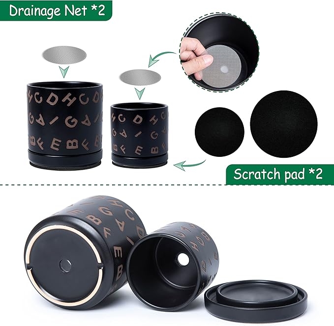 D'vine Dev Set of 2 Ceramic Planter Pots with Drainage Hole and Saucer, 4.5 Inch 6 Inch Plant Pots for Plants Indoor Houseplants, Black, 99-G-2
