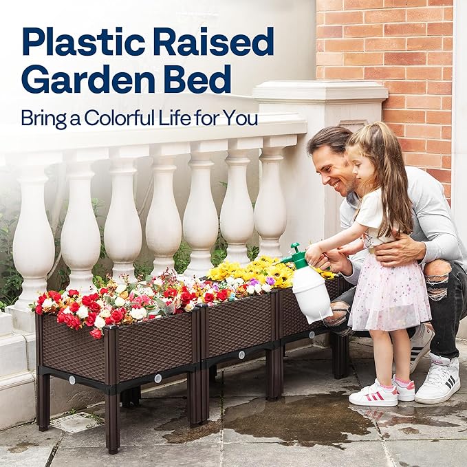 VIVOHOME 4 Packs Elevated Plastic Raised Garden Bed Planter Kit, Outdoor Planters Above Ground Flower Vegetable Standing Box for Patio Deck Porch W/Drainage Holes