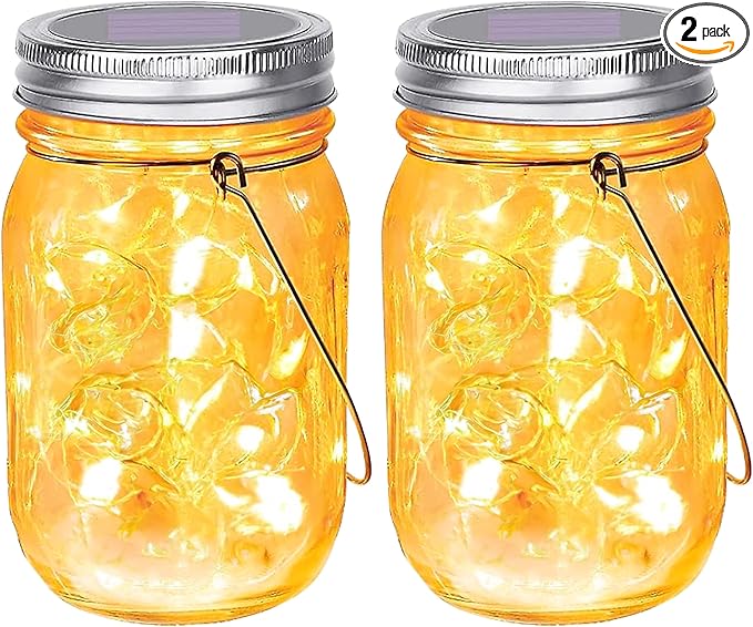 SteadyDoggie Solar Mason Jar Lights - Set of 2 Magical Patio Lights in Glass Lanterns - Hang Them Anywhere Outdoors for Enchanting Illumination - Waterproof and Decorative - 5.2" x 3"