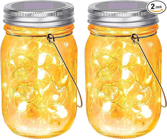 SteadyDoggie Solar Mason Jar Lights - Set of 2 Magical Patio Lights in Glass Lanterns - Hang Them Anywhere Outdoors for Enchanting Illumination - Waterproof and Decorative - 5.2" x 3"