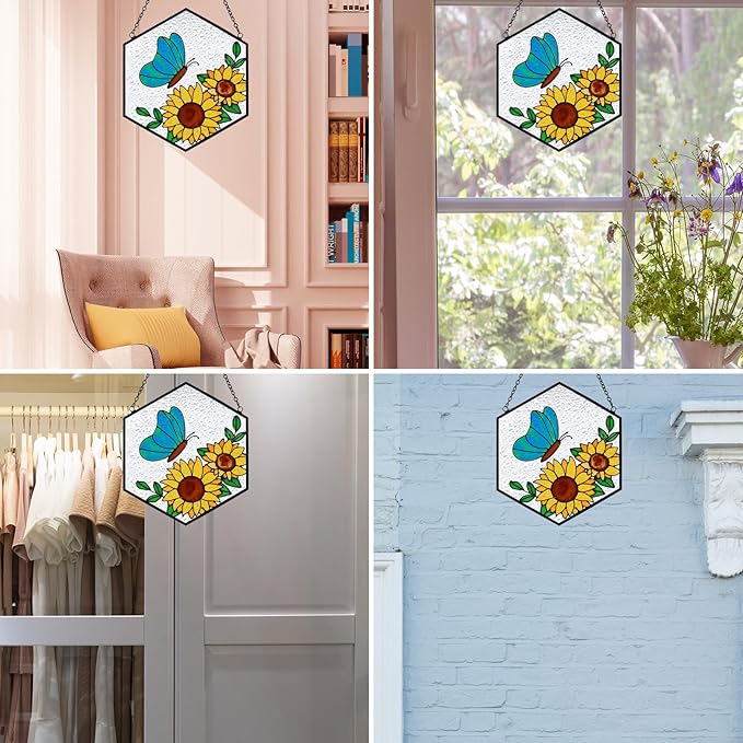 Butterfly Sunflower Stained Glass Suncatchers Windows Hanging Decorative,Hand Paint Sun Sunflower Catchers Indoor Ornaments with Stick Hook,Memorial Gifts for Mom/Women