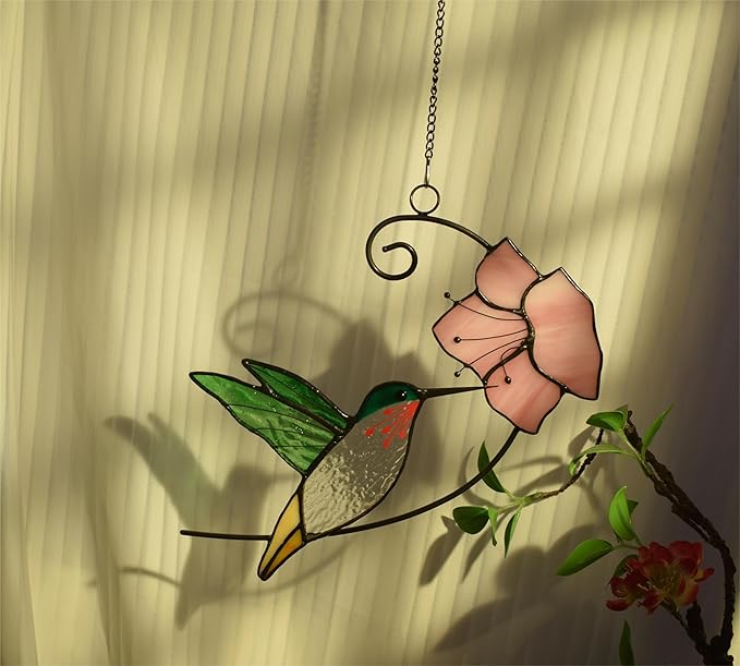 Lolitarcrafts Hummingbird with Flower Stained Glass Suncatcher Bird Stained Glass Window Hangings Hummingbird Gift for Home Decor (Green with Flower)