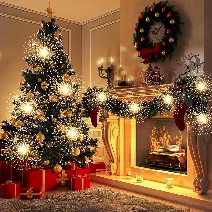 5 Pack Firework String Lights Christmas Lights, 200 LED 8 Modes Hanging Starburst Lights for PartyGarden Decoration (Warm White)