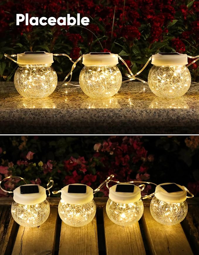 Solar Lantern Solar Lights Outdoor Waterproof 2-Pack, Solar Powered Hanging Lights Cracked Glass Hanging Globes for Christmas Decoration, Shepherd Hook, Garden Tree Ornaments, White Cap, Warm White