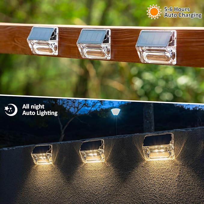 Solar Outdoor Lights, 12 Pack Solar Fence Lights, Deck Lights Waterproof Solar Powered Outside Lighting for Step Railing Wall Pool Stair Yard Garden Patio Pool Decorations (Warm White)