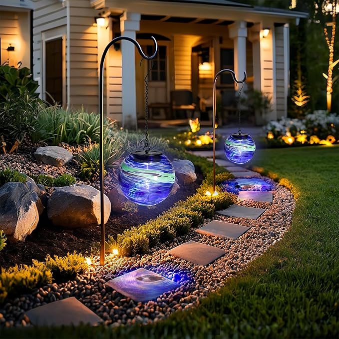 VCUTEKA Solar Chandelier Outdoor, Hanging Glass Solar Light with Hook Up, Garden Lanterns Decor for Yard, Tree and Patio, Blue Green