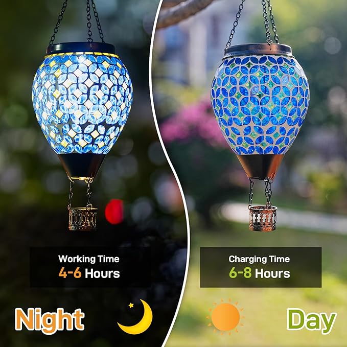 Mosaic Hot Air Balloon Solar Lantern with Flickering Flame, Blue Mosaic Hanging Solar Lantern Lights Outdoor Waterproof for Garden Patio Gifts for Women Mom Grandma