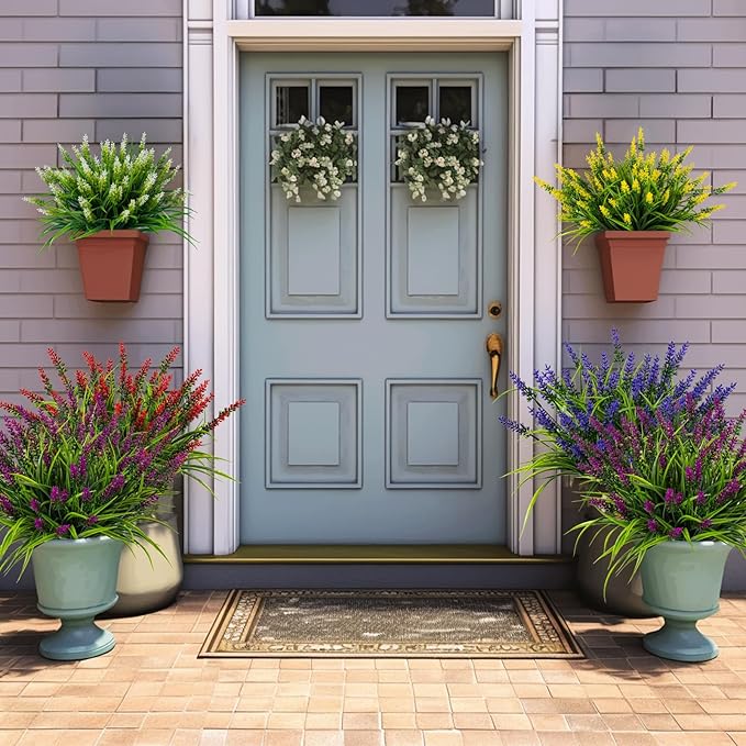 Artificial Flowers for Outdoor Plants 24 Bundles Fake Lavender Plastic Faux Monkey Grass for Verandah Window Garden Office Patio Front Porch UV Resistant for Planter(Fuchsia)