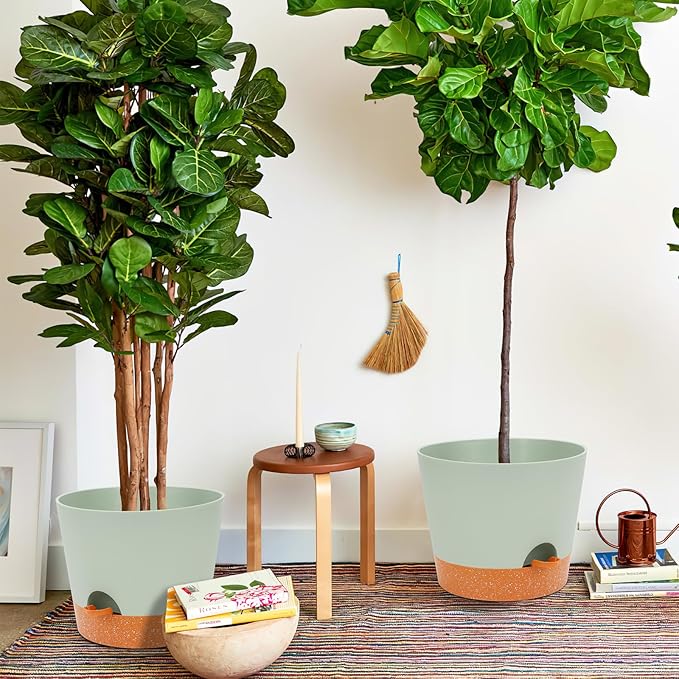 GARDIFE 12 inch Plant Pots, planters, Self Watering Pots, 2 Pack Large Plastic Flower pots with Deep Reservior and High Drainage Holes for Indoor Outdoor Plants and Flowers, Green