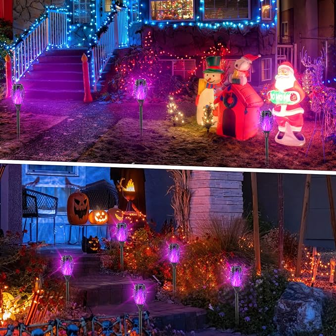 EOYIZW Solar Outdoor Lights, 8 Pack Purple Halloween Decorations Outdoor, Waterproof Mini LED Solar Tiki Torches for Outside Light for Halloween Garden Yard Porch Lawn Decor
