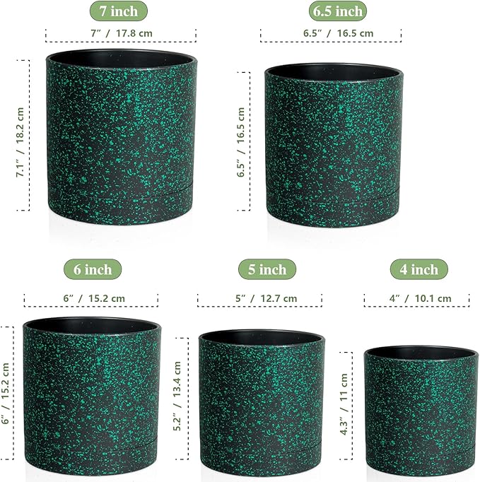 7/6.5/6/5/4 inch Plant Pots, 5 Pack Cylinder Flower Pots for Small Indoor Outdoor Plants, Plastic Planters with Drainage Holes and Saucer for Garden Succulent Plants, Black With Green Speckles
