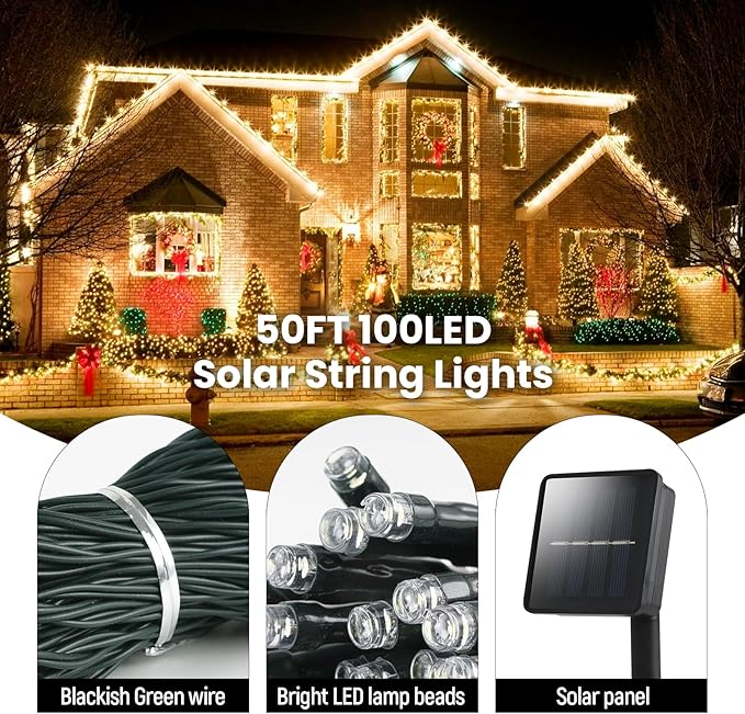Solar String Lights Outdoor Waterproof: 50ft 100LED Solar String Lights Outdoor - Solar Powered Twinkle Fairy Tree Light with 8 Lighting Mode for Patio, Garden,Courtyards,Trees(Warm White)