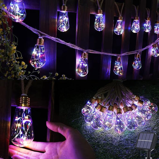 Solar Outdoor String Lights, 20Ft Vintage Rope Hemp Solar Patio Lights, Waterproof Multicolor Solar Powered String Lights With 8 Modes 16 Shatterproof Bulbs for Garden Fence Stairs Balcony Café Bistro