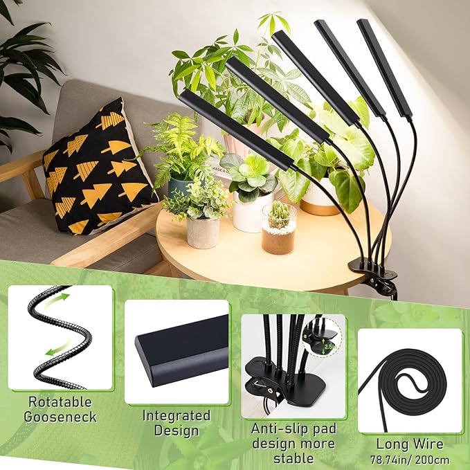 FOXGARDEN® Grow Lights for Indoor Plants Full Spectrum, Plant Lights for Indoor Growing with Timer 4/8/12 H, Five-Head 260 LED Clip Grow Lamp with Gooseneck, 4 Brightness Levels for Plant Growing