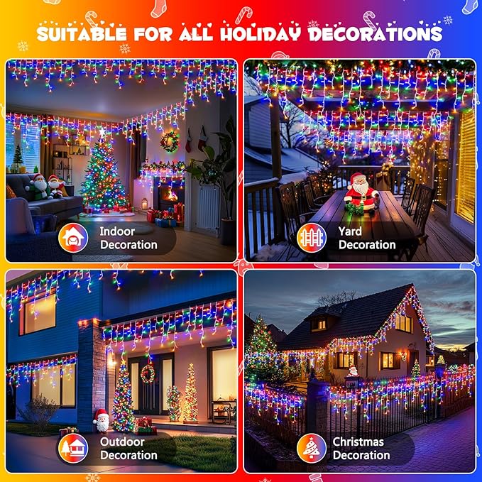 JMEXSUSS 800 LED Christmas Icicle Lights Outdoor Plug-in, Multicolor Waterproof, 8 Modes With 160 Drops for Bedroom House Holiday Party Decorations