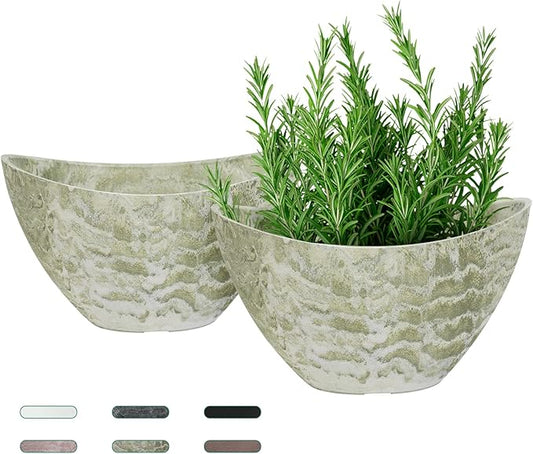 LaDoVita Plant Pots with Drainage Holes, 12 Inch Oval Planters for Indoor Plants, Plastic Flower Pots Outdoor, Set of 2 Pack, Green