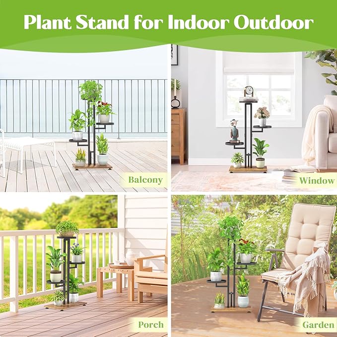 iDavosic.ly 4 Tier Plant Stand Indoor Outdoor, Tiered Corner Multiple Flower Pot Holder Shelf, Metal 28 Inch Tall Display Rack for Patio Porch Living Room Garden Balcony Bedroom, Black