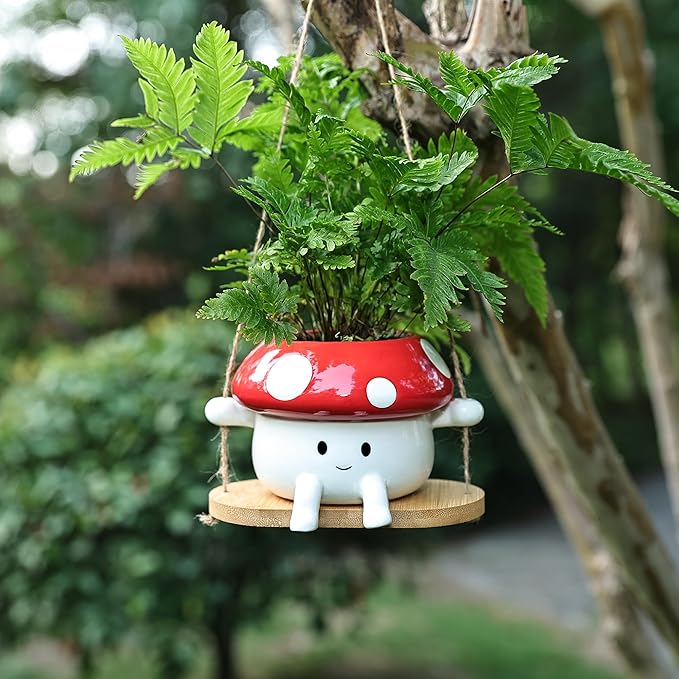 Fungi Fun Mushroom Swing Face Planter Pot, Hanging Ceramic Flower Head Planters for Indoor Outdoor Plants, Succulent Pots for String of Pearls Plant, Live Gift Ideas