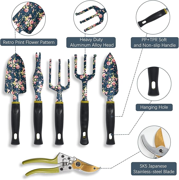 Garden Tool Set, 25Pcs Heavy Duty Floral Garden Tools, Aluminum Rust-Proof Gardening Kit with Garden Shovel, Trowel, Pruner, Gloves, Ideal Gardening Gift