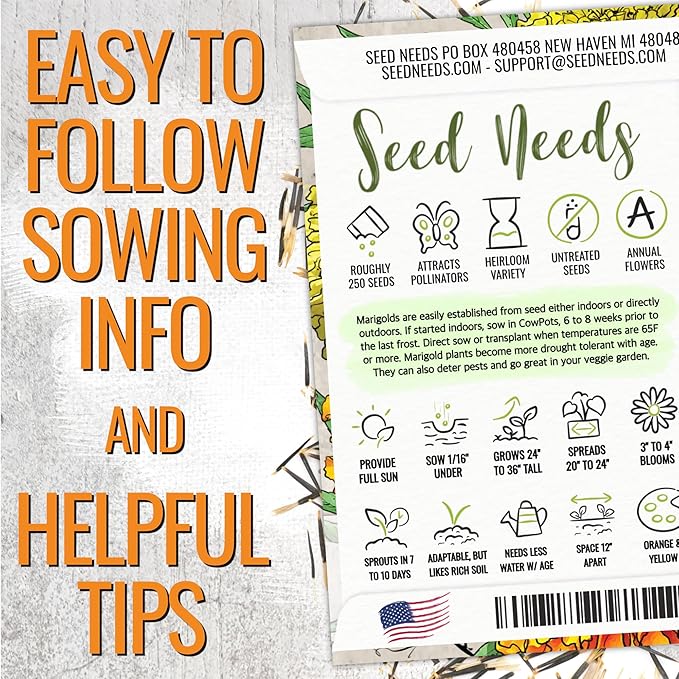 Seed Needs Crackerjack Marigold Seeds for Planting - Heirloom & Open Pollinated Annual Flowers - Plant a Butterfly Garden to Attract Pollinators (1 Pack)