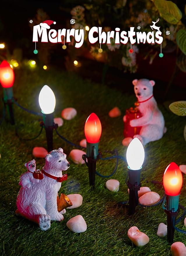 Frosted C9 Christmas Lights Outdoor, 25.7 Ft Christmas Pathway Lights with 20 LED Bulbs and Stakes, Connectable Christmas Yard Decorations Walkway Sidewalk Holiday, Red and White