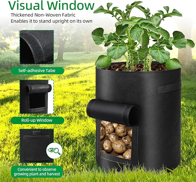 6 Pack 10 Gallon Potato Grow Bags with Flap Window, Garden Planting Bag with Durable Handle, Plant Pots for Tomato, Vegetable and Fruits