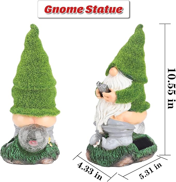 Garden Gnome Statues - Resin Gnome Figurine Sitting on Solar Crackle Glass Globe Lights, Funny Garden Gnome Ornament for Patio Yard Lawn Porch Outdoor Decor