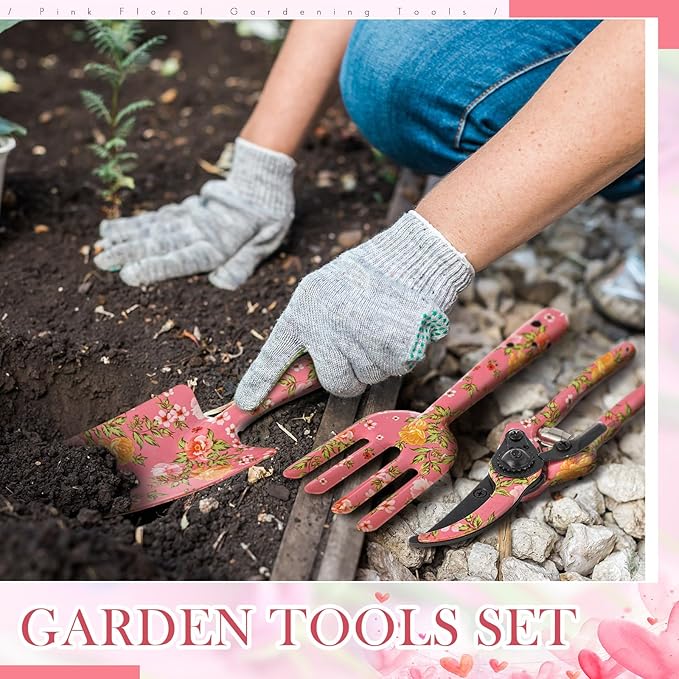 3 Pcs Pink Floral Gardening Tools Set Flower Garden Tool Set for Outdoor, Gardening Kit for Women Garden Hand Tools Set with Pruner, Trowel, Rake, Christmas Gardening Gifts for Women