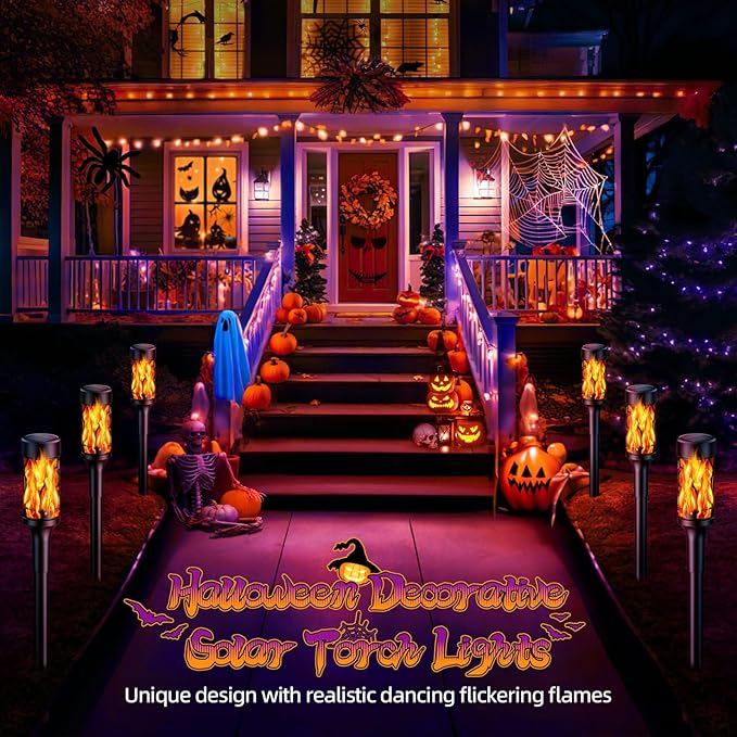 8 Pack Solar Outdoor Lights, Extra-Bright Solar Torch Lights with Dancing Flickering Flames for Garden Halloween Decorations Outdoor, Waterproof Yard Decor Halloween Lights for Pathway Patio