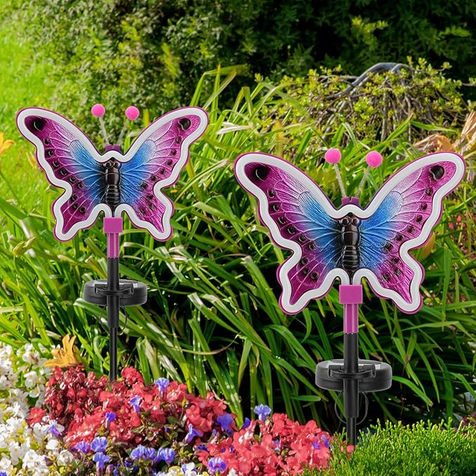 Butterfly Solar Lights, Solar Butterfly Outdoor Light, Garden Decor,Neon Butterfly Garden Lights for Outside, Yard, Pathways,Patio, Lawn, or Landscaping Decor (Amaranth, 2 Pack)