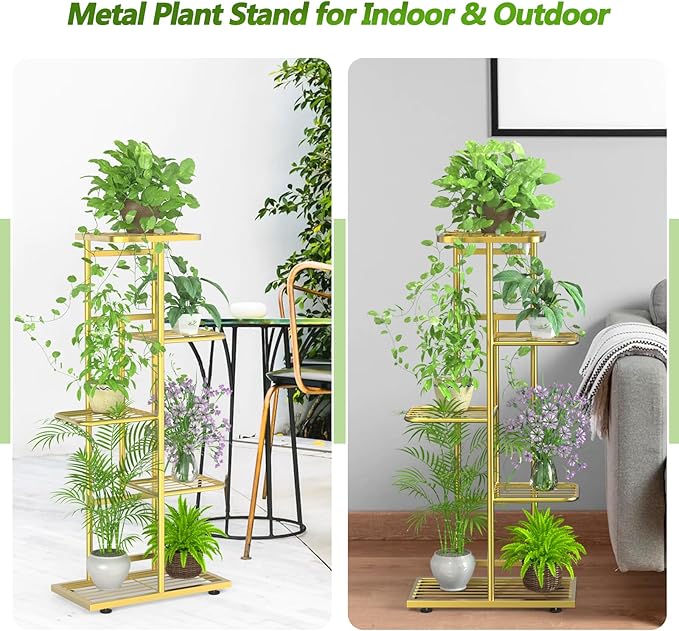 5 Tier 6 Potted Gold Plant Stand Indoor Outdoor with Gardening Tools and Gloves, Upgraded Corner Metal Plant Rack Units Shelf for Multiple Plants, Flower Pot Holder Display for Patio, Balcony, Living