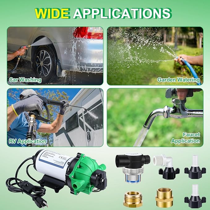 Dreyoo Water Diaphragm Pump, 115V AC, 5.5 GPM, 60 PSI Rated Pressure, 1/2" Threaded MNPT Self Priming Diaphragm Pressure Pump with Pressure Switch for Home, RV, Garden Agricultural Irrigation (Green)