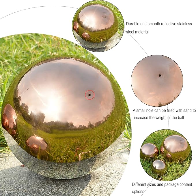 Nerien Gazing Ball, Stainless Steel Garden Mirror Globe, Polished Ornament Sphere, Hollow Floating Reflective Hemisphere, for Home Outdoor Pond Housewarming Swimming Pool Decoration, Rose Gold, 8Pcs