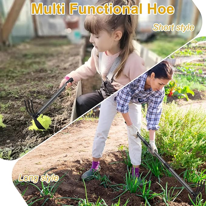 Hoe and Cultivator - 45” Long Handle - Heavy Duty Garden Hoe Tiller, Standing Hoe Garden Tools Durable Cultivator Hoe Hand Rake Fork for Gardening Weeding Planting Loosening Soil