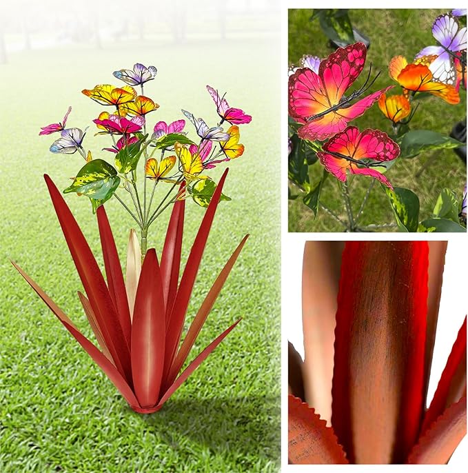 Garden Outdoor Butterfly Enlarge Thickened Wind Resistant Metal Agave Garden Art Metal Plant Country Sculpture Statue Decorations Ornaments Artificial Waterproof Butterflies(red 3pcs)