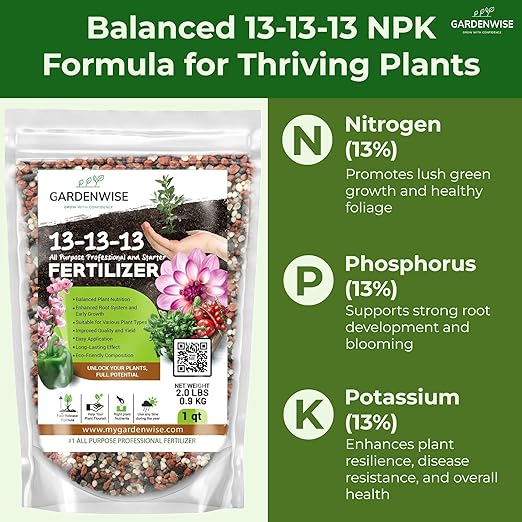 13-13-13 Slow Release Granular Fertilizer – All Purpose Plant Food 13 13 13 for Outdoor Grass, Vegetables, Roses, Flowers, Shrubs, Trees. Lawns, Gardens, Potted Plants (5 quarts)