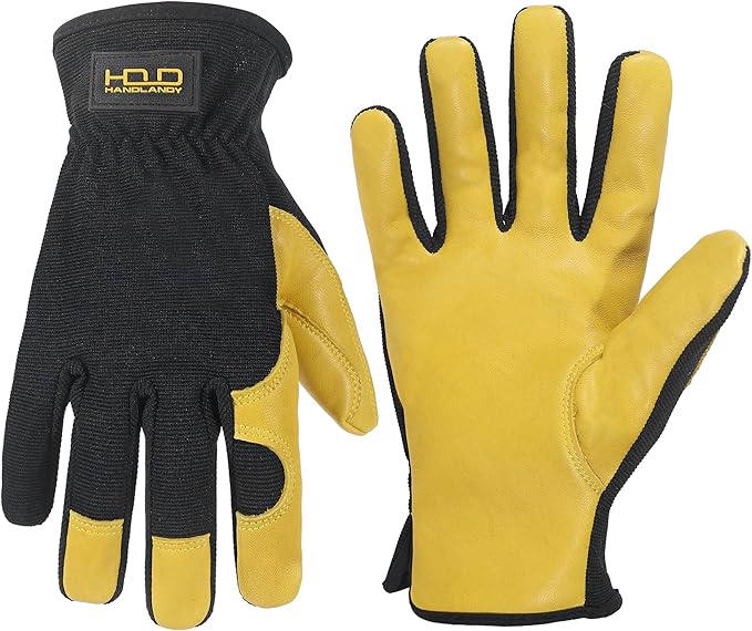 HANDLANDY Men Leather Gardening Gloves, Utility Work Gloves for Mechanics, Construction, Driver, Dexterity Breathable Design