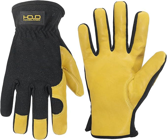 HANDLANDY Men Leather Gardening Gloves, Utility Work Gloves for Mechanics, Construction, Driver, Dexterity Breathable Design