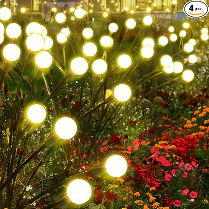 SunKite Solar Garden Lights - 4 Pack 10 LED Solar Firefly Lights Sway by Wind Outdoor Waterproof Solar Decorative Lights, Solar Outdoor Lights for Yard Patio Walkway Decoration, Warm White